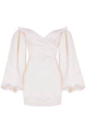 Clothing : Mini Dresses : 'Carlyn' Ivory Satin Balloon Sleeve Mini Dress