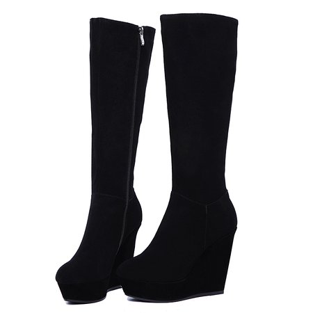 Black Suede Knee High Wedge Boots