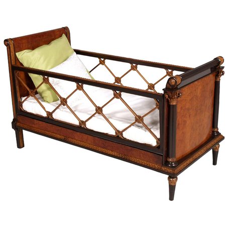 Neoclassic Empire Baby Bed Cot in Burl Walnut, Walnut and Carved Maple For Sale at 1stDibs