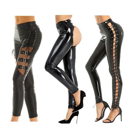 Skinny Legging Women Leather Pants Stretch Wet Look Lace Up High Waist Trousers | eBay