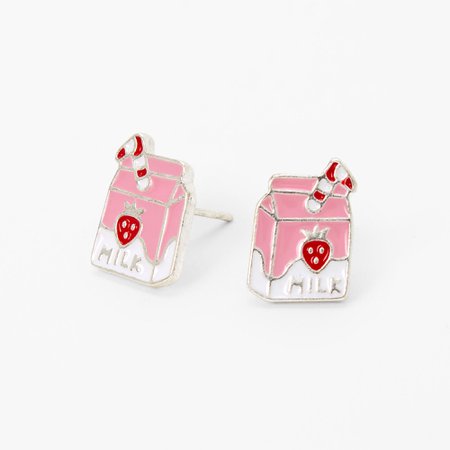Silver Strawberry Milk Carton Stud Earrings - Pink | Claire's