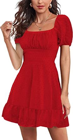 LYANER Women' Swiss Dots Square Neck Ruffle Hem Short Sleeve Elegant Mini Dress at Amazon Women’s Clothing store