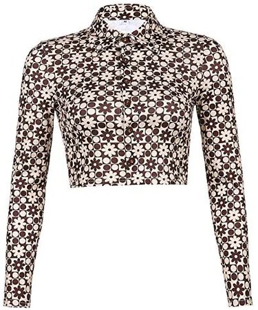 Vintage Floral Print Crop Top Shirt Y2K Cardigan Long Sleeve Collared Button Down T Shirt Blouse E Girl Streetwear at Amazon Women’s Clothing store
