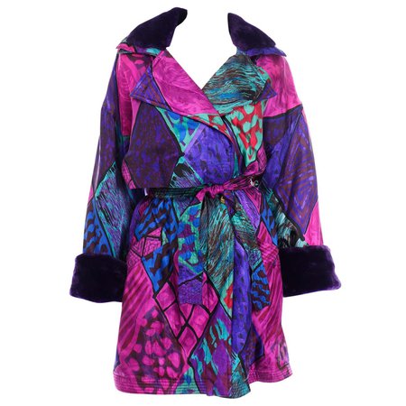 Vintage Versace Colorful Silk Trench Coat w Purple Faux Fur Cuffs and Collar For Sale at 1stDibs