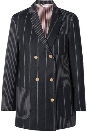 Thom Browne | Double-breasted paneled pinstriped wool-felt and twill blazer | NET-A-PORTER.COM