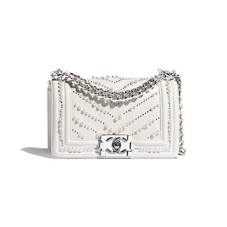 Calfskin, Imitation Pearls Silver-Tone Metal White Small BOY CHANEL Handbag | CHANEL