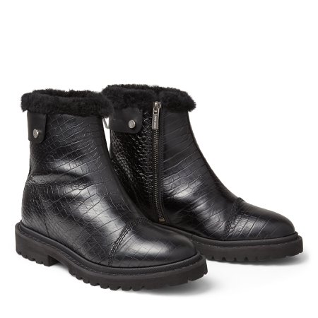 Black Croc-Embossed Calf Leather Snow Boots with Heated Soles|VOYAGER II F |Cruise '20 |JIMMY CHOO