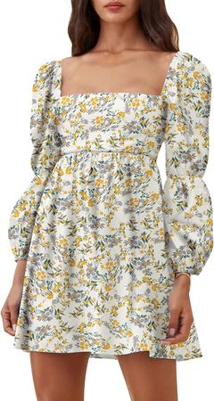 EXLURA Womens Square Neck Dress Long Puff Sleeve A-Line Casual Short Mini Dress Yellow Floral at Amazon Women’s Clothing store