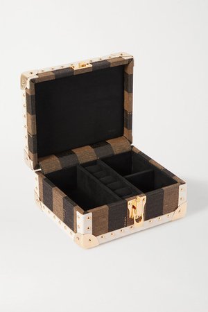 FENDI Studded leather-trimmed striped jacquard jewelry box