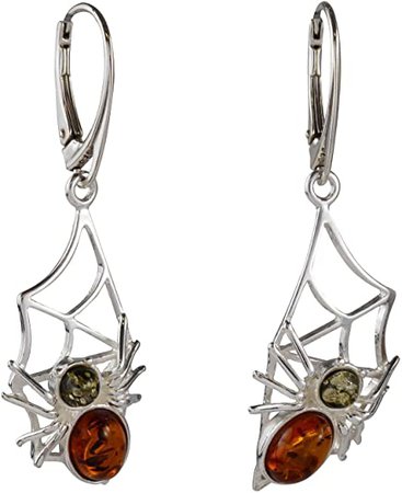 Sterling Silver and Baltic Honey and Green Amber French Leverback Earrings"Spider On The Web": Jewelry