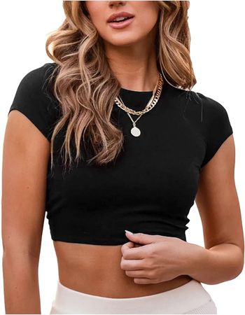 Crop Tops for Women Women's Shirt Slim Fit Basic Crop Tops Solid Color Short Sleeve Tank Top Outfit Summer Tight Streetwear D-Black at Amazon Women’s Clothing store