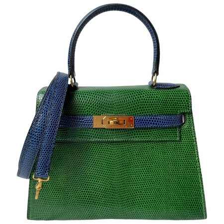Hermès Kelly 20cm Tri-color Vert Moyen, Blue Saphire, Rouge Lizard Gold Hardware For Sale at 1stDibs