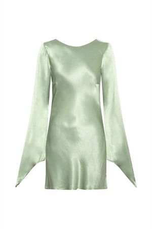 light green silk satin long bell sleeve mini dress