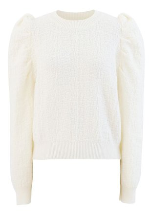 Puff-Shoulder Texture Knit Sweater in Cream - Retro, Indie and Unique Fashion