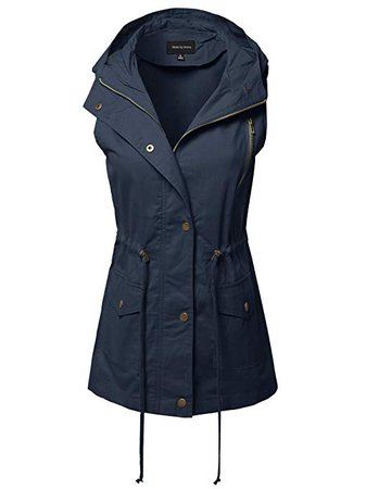 Made by Emma Women's CasualZipper with Snap Button Closure Military Drawstring Hoodie Vest Navy