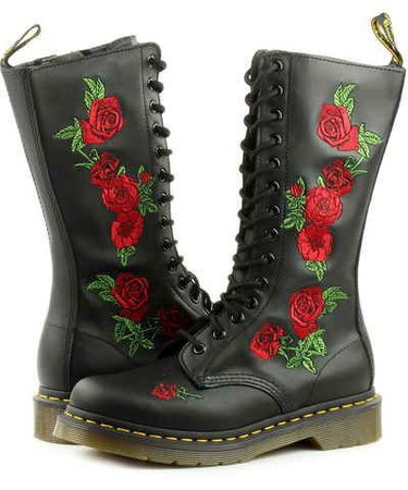 black combat boots with red roses