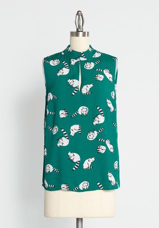 ModCloth Perfectly Particular Sleeveless Blouse in Green Raccoons | ModCloth