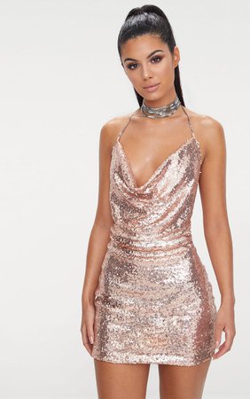 rose gold strappy sheer panel sequin bodycon dress