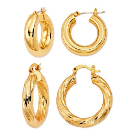 Scoop - Scoop Brass Yellow Gold-Plated Hoop Earrings Set - Walmart.com - Walmart.com