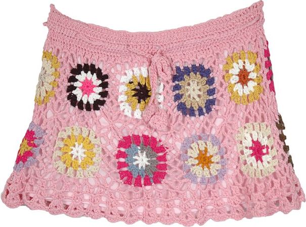 Pink Blossom Crochet Pattern Skirt with Multicolor Circles | Short-Skirts | Pink | Crochet-Clothing, Junior-Petite, Misses, Beach