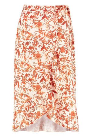 Autumnal Floral Ruffle Hem Midi Skirt | Boohoo orange white