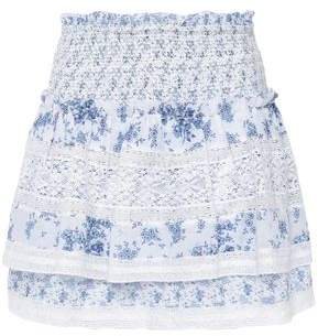 Lace-trimmed Shirred Floral-print Cotton Mini Skirt