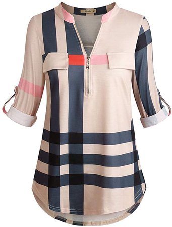 Amazon.com: Moyabo Women's 3/4 Cuffed Sleeve Zipped V Neck Plaid Tunic Shirt Blouses: Clothing