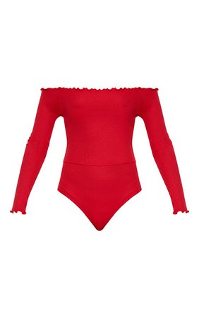Red Frill Edge Long Sleeve Thong Bodysuit | PrettyLittleThing USA