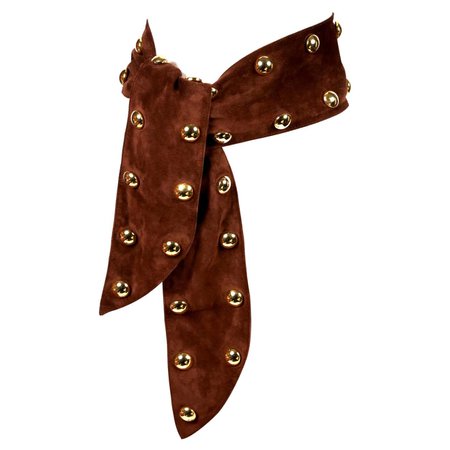 1989 YVES SAINT LAURENT brown suede belt with oversized gold studs For Sale at 1stDibs