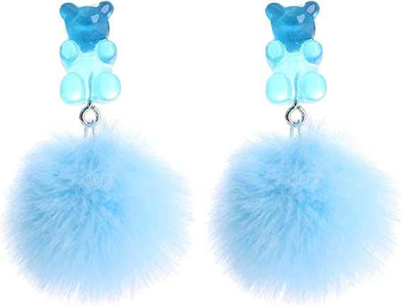 Amazon.com: Gummy Bear Dangle Earrings Colorful Pom Pom Bear Drop Earrings Cartoon Plush Ball Earrings for Women Girl Winter Jewelry-light blue: Clothing, Shoes & Jewelry