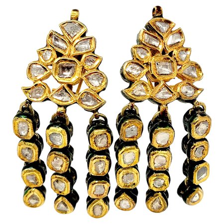 Vintage Rose Cut Diamond Chandelier Dangle Earrings 18 Karat Gold and Enamel For Sale at 1stDibs