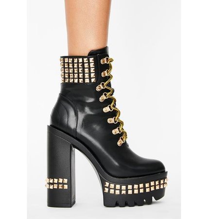 Faux Leather Rhinestone Lace Up Platform Ankle Boots