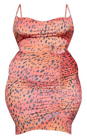 Plus Orange Leopard Strappy Ruched Bodycon Dress | PrettyLittleThing USA