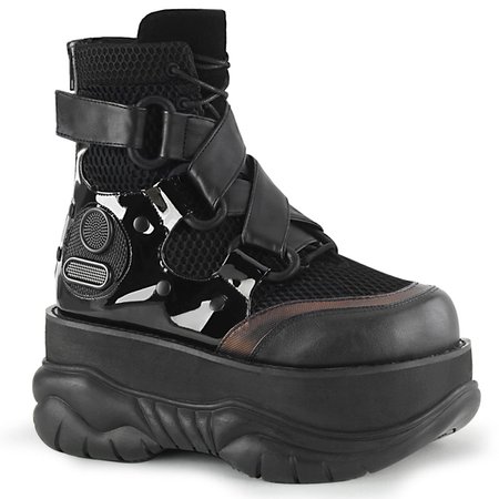 DEMONIA "Neptune-126" Ankle Boots - Black Vegan Leather-Fishnet Fabric-Patent – Demonia Cult
