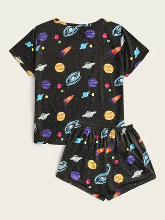 Galaxy Print Top & Shorts PJ Set | ROMWE