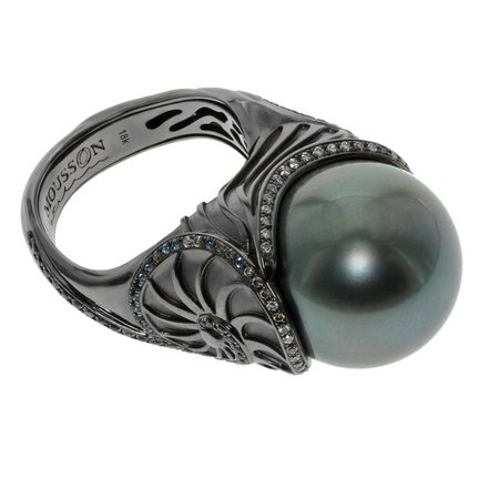 Diamond Sapphire Tahiti Pearl 18 Karat Black Gold Seashell Ring by Mousson Atelier