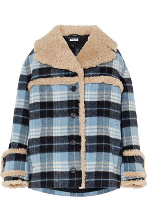 Miu Miu | Shearling-trimmed checked wool-blend flannel jacket | NET-A-PORTER.COM