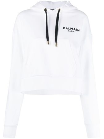 Shop Balmain cropped flocked logo hoodie with Express Delivery - FARFETCH