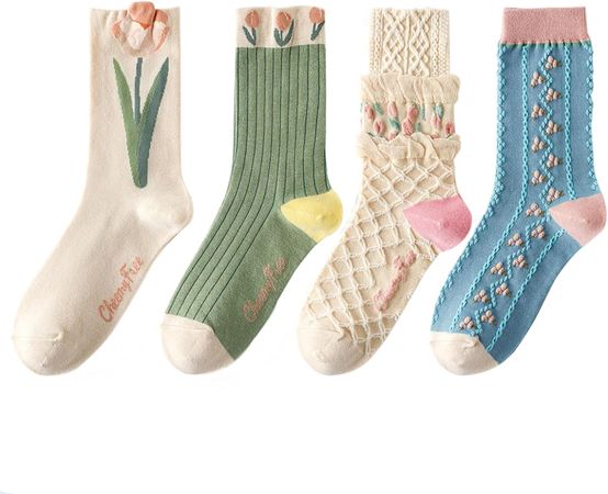 HAOXYO 4 Paar Socken Damen,Vintage Blumen Baumwollsocken für Damen,Bunte Socken,Socken Mit Rüschen Damen,Pop Socken,Pop Socken für Damen,Vintage Socken Mit Bestickten Blumen One Size : Amazon.de: Fashion