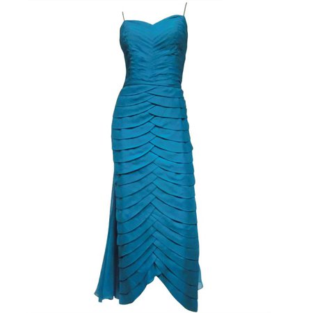Jean Desses Design Aqua Pleated Gown w/ Flowing Chiffon Back For Sale at 1stdibs