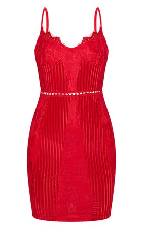 Red Strappy Lace Velvet Insert Bodycon | PrettyLittleThing USA