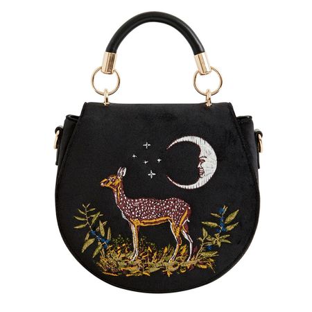 Fable Deer & Moon Embroidered Saddle Bag Black Velvet | Fable England | Wolf & Badger