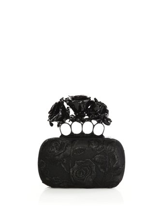 Alexander Mcqueen, black rose embroidered silk knuckle box clutch