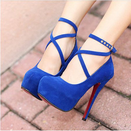 blue platform cross strap heels