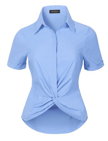 LE3NO Womens Ultra Stretchy Twist Front Short Sleeve Collared Button Down Shirt Top | LE3NO blue