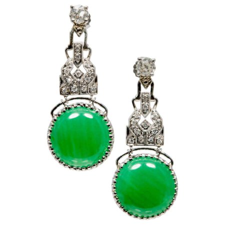 GIA Certified Jadeite Jade Old Mine Diamond Platinum Dangle Earrings For Sale at 1stDibs | jadeite earrings, jade earrings for sale
