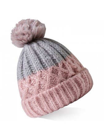 Women's Winter Hand Knit Pompoms Beanie Hat Ski Cap - Grey/Pink - CH17YZ239IU