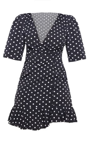 Petite Black Polka Dot Button Frill Hem Tea Dress | PrettyLittleThing USA
