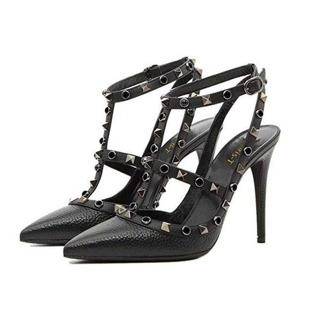 Amazon.com | Chris-T Pointed Toe Studded Strappy Slingback High Heel Leather Pumps Stilettos Sandals | Heeled Sandals