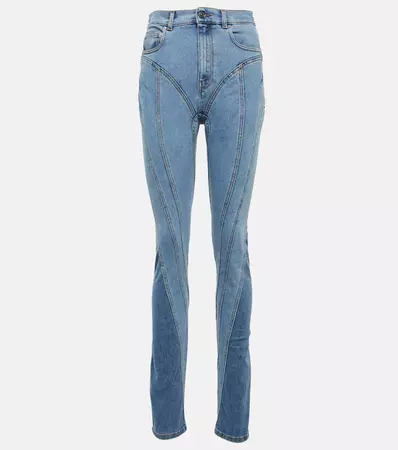 Seam Detail High Rise Skinny Jeans in Blue - Mugler | Mytheresa